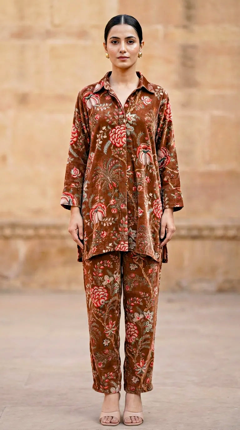 Woman models Karchobi rust brown velvet floral print winter co-ord set, standing outdoors.