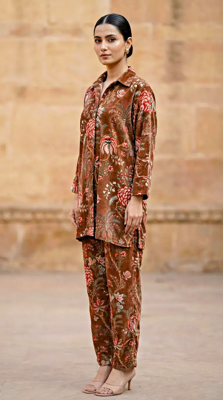 Woman wearing rust brown velvet floral print co-ord set from Karchobi, standing outdoors