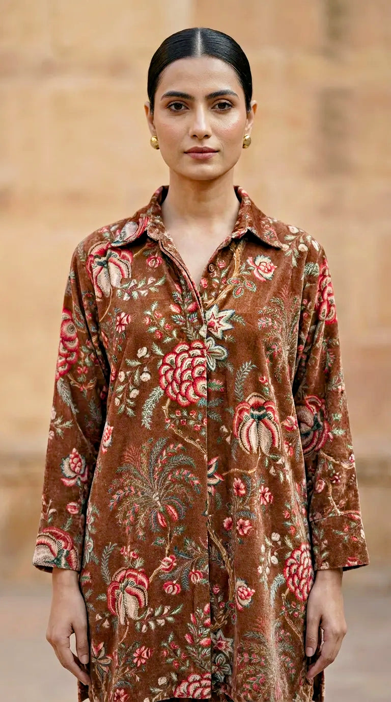 Woman modeling Karchobi rust brown velvet floral print winter co-ord set, stylish women's clothing
