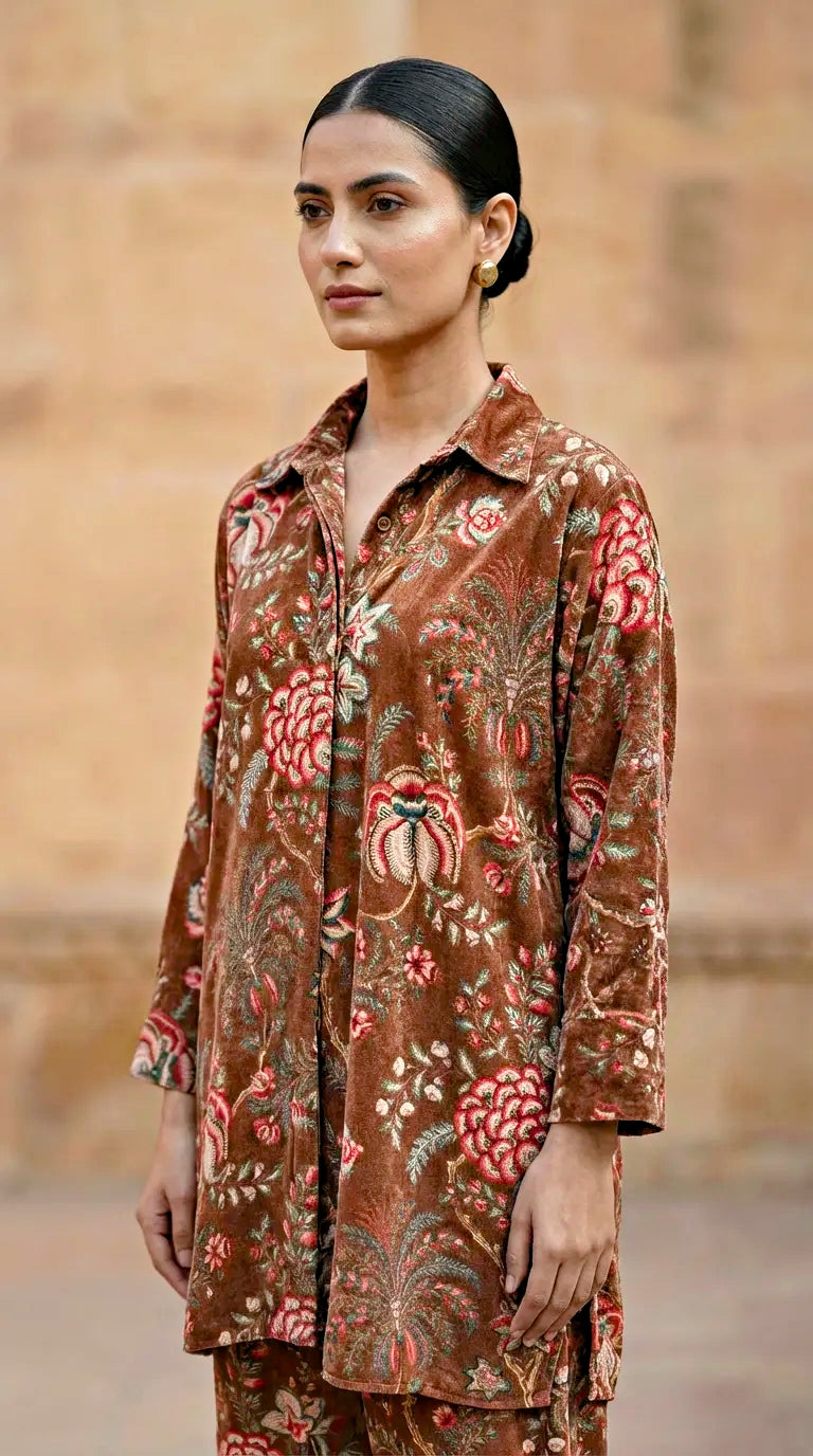 Woman wearing Karchobi rust brown velvet floral print winter co-ord set, stylish and elegant.