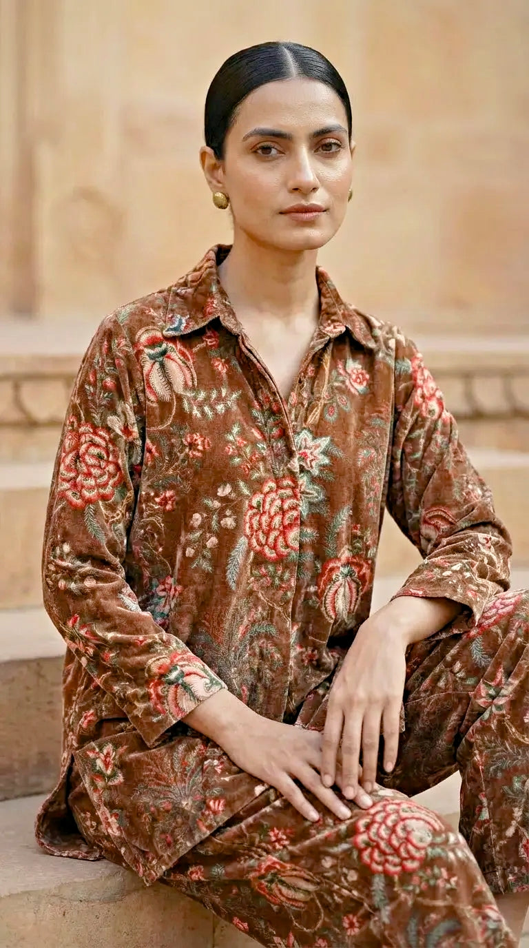 Woman wearing Karchobi rust brown velvet floral print winter co-ord set, seated outdoors