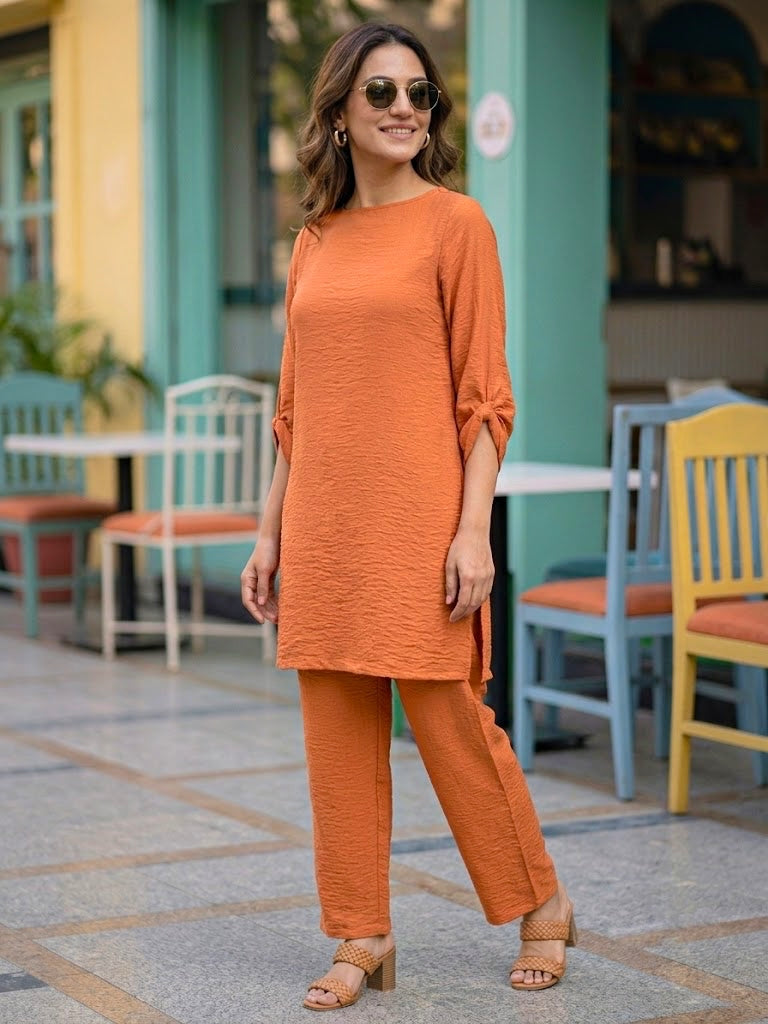 Rust Orange Crinkled Textured Co-Ord Set