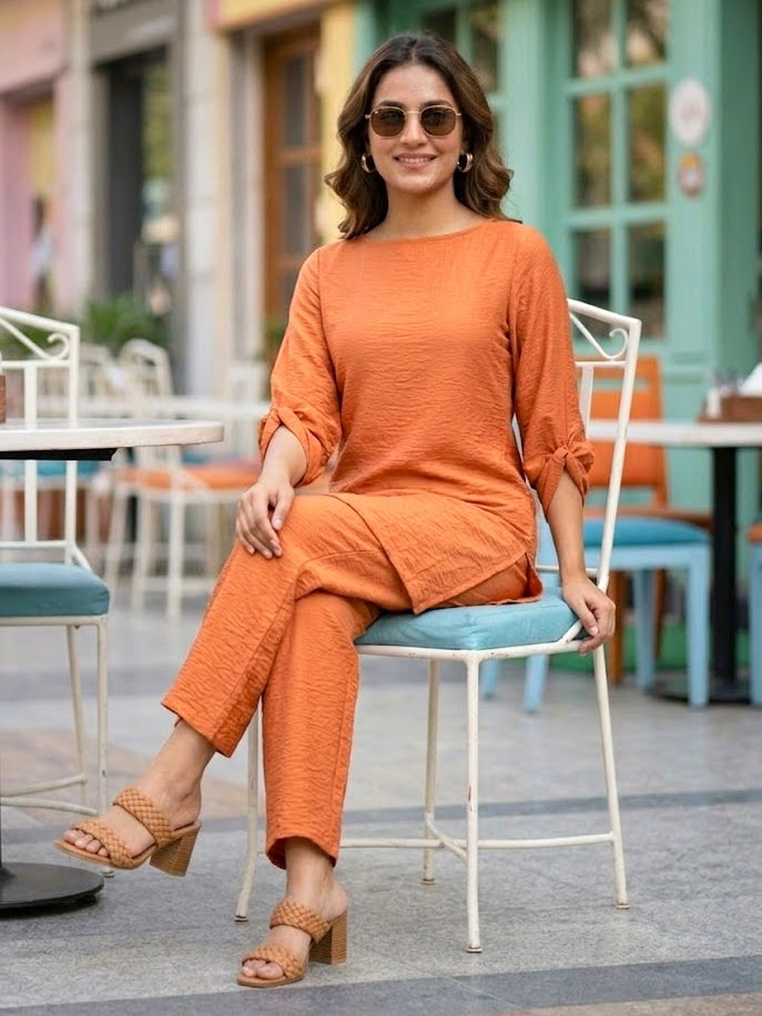Rust Orange Crinkled Textured Co-Ord Set