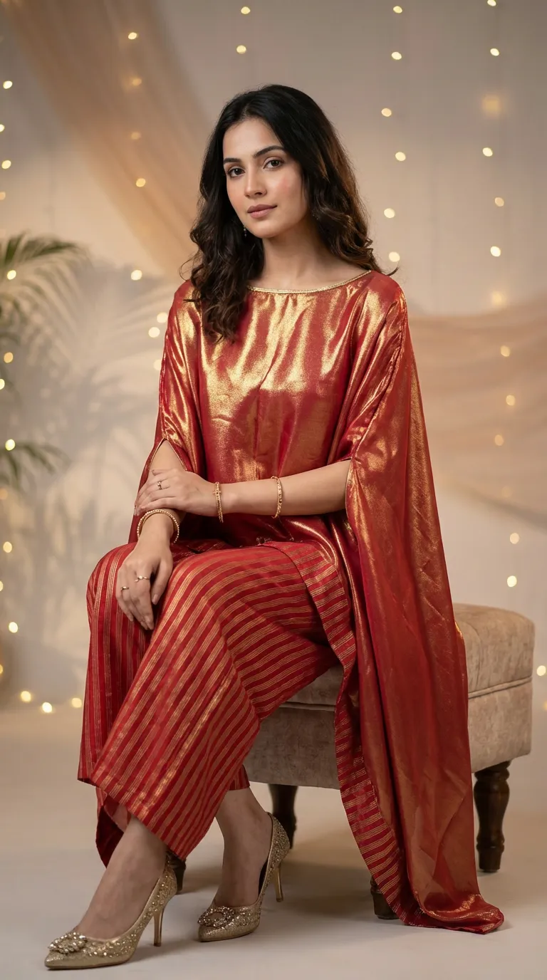 Woman in rust red shimmer kaftan pant set from Karchobi, seated with festive lights backdrop