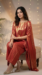Woman in rust red shimmer kaftan pant set from Karchobi, seated with festive lights backdrop