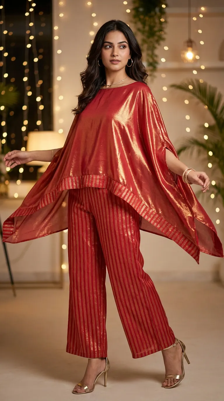 Woman wearing a rust red shimmer kaftan and striped pants set from Karchobi in elegant indoor setting