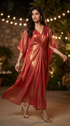 Woman in a shimmering rust red knotted kaftan pant set from Karchobi, evening outdoor setting