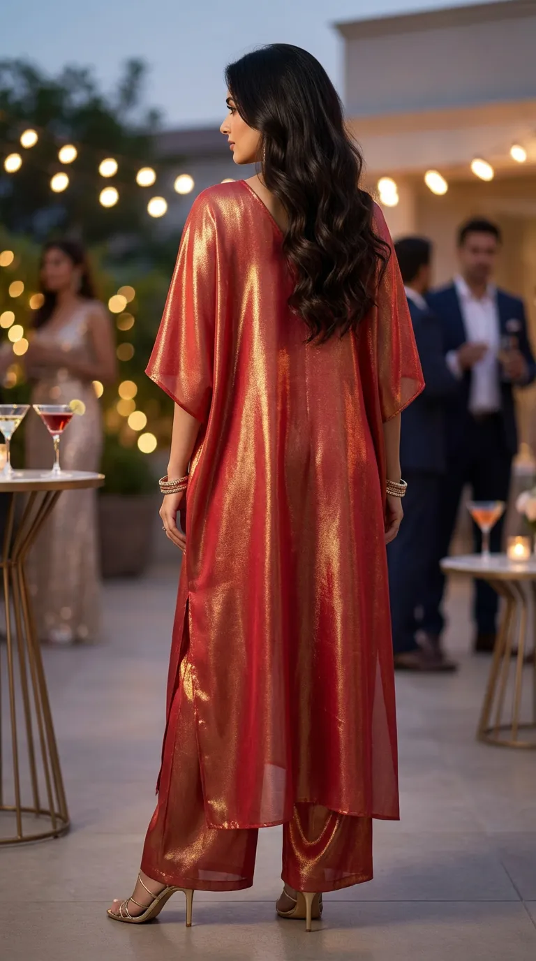 Woman in a rust red shimmer knotted kaftan pant set at an elegant outdoor evening event
