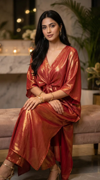 Woman wearing a rust red shimmer knotted kaftan pant set from Karchobi, seated indoors