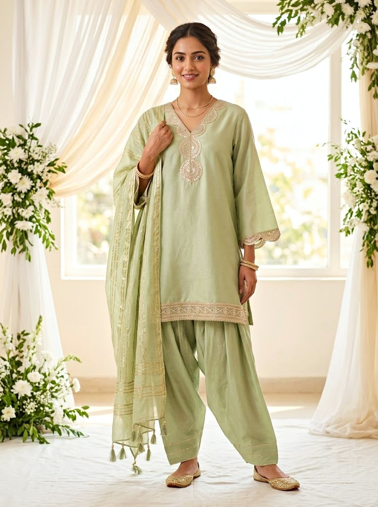 Karchobi lemon green shimmer tissue Farsi salwar suit set with sequin embroidery and lace detailing for festive wear.