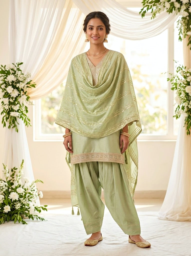 Karchobi lemon green shimmer tissue Farsi Salwar suit set with sequin embroidery and lace detailing for festive wear