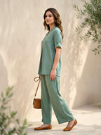 Sage green rayon slub kurta and pant co-ord set by Karchobi, featuring box pleats and a comfortable, stylish design for women.