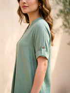 Sage green rayon slub box pleat kurta and pant co-ord set for women, stylish and comfortable Karchobi outfit.
