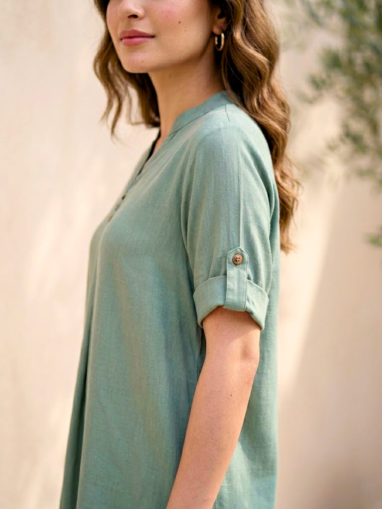 Sage green rayon slub box pleat kurta and pant co-ord set for women, stylish and comfortable Karchobi outfit.