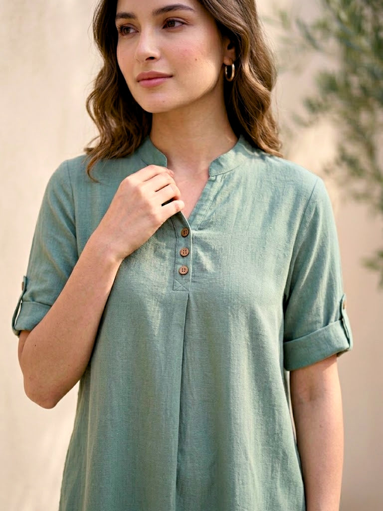 Sage green rayon slub box pleat kurta and pant co-ord set by Karchobi, featuring solid tunic with matching pleated pants.