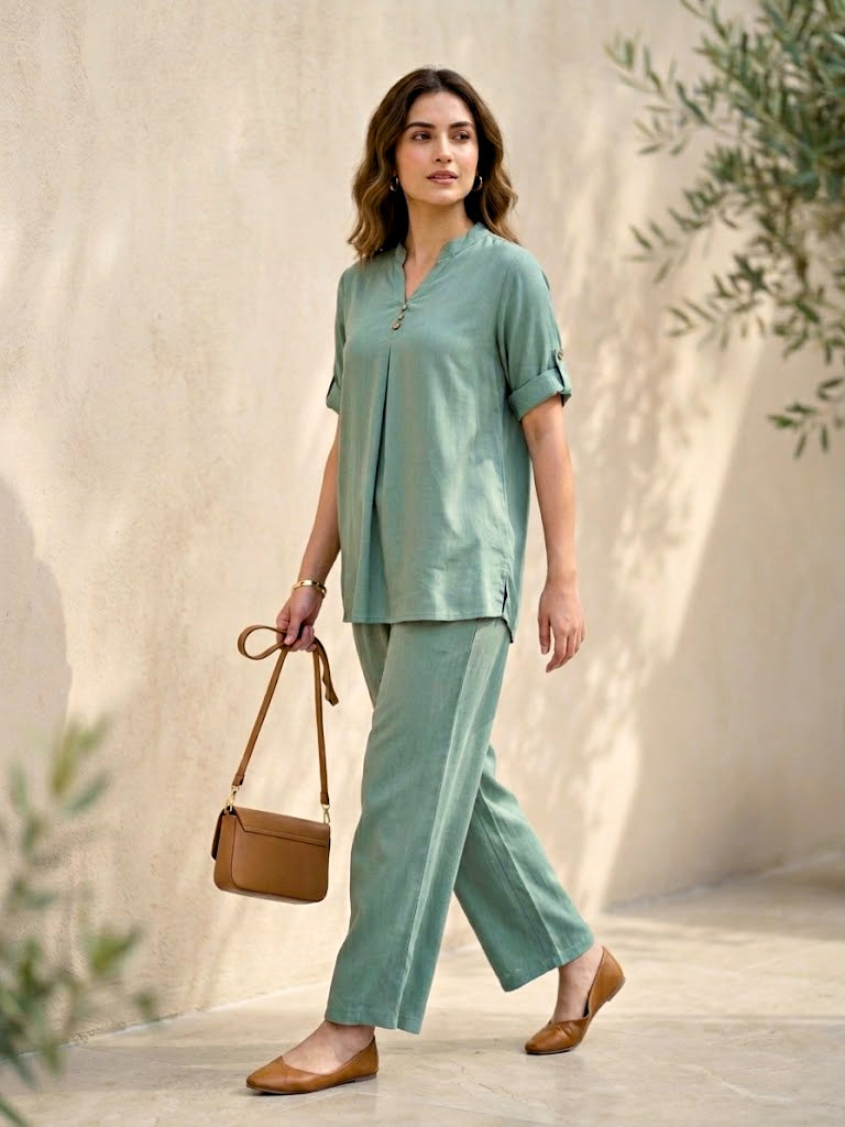 Sage green rayon slub box pleat kurta and pant co-ord set by Karchobi, featuring a solid tunic with matching pleated pants.