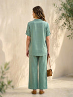 Sage green rayon slub kurta and pant co-ord set with box pleats, stylish women's outfit from Karchobi.