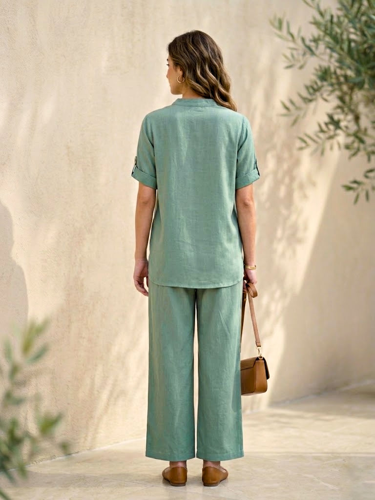 Sage green rayon slub kurta and pant co-ord set with box pleats, stylish women's outfit from Karchobi.