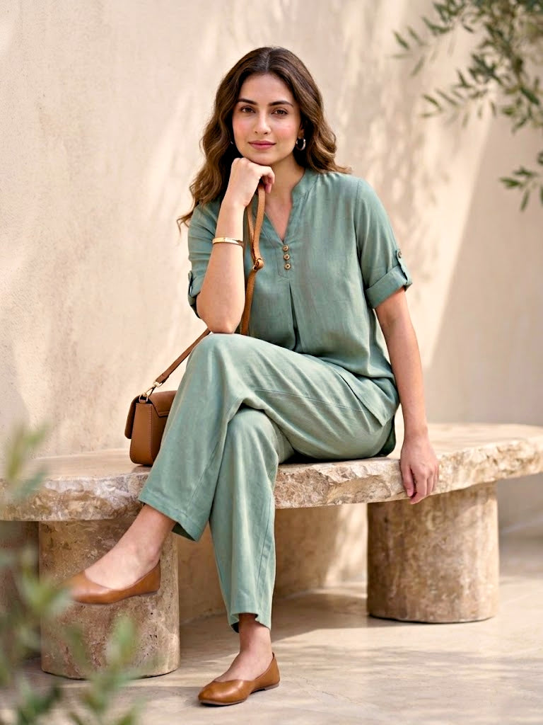 Sage green rayon slub kurta and pleat pant co-ord set for women, featuring a solid tunic and matching wide-leg pants.