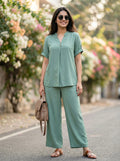 MINT GREEN RAYON SLUB BOX PLEAT KURTA PANT CO-ORD SET - KARCHOBI
