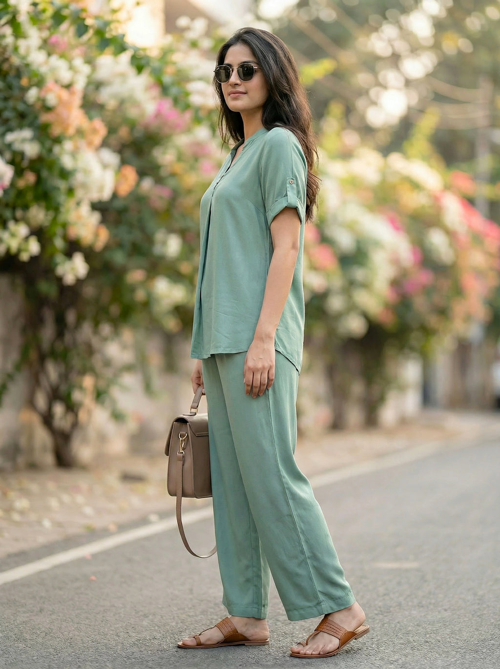 MINT GREEN RAYON SLUB BOX PLEAT KURTA PANT CO-ORD SET - KARCHOBI