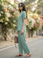 MINT GREEN RAYON SLUB BOX PLEAT KURTA PANT CO-ORD SET - KARCHOBI