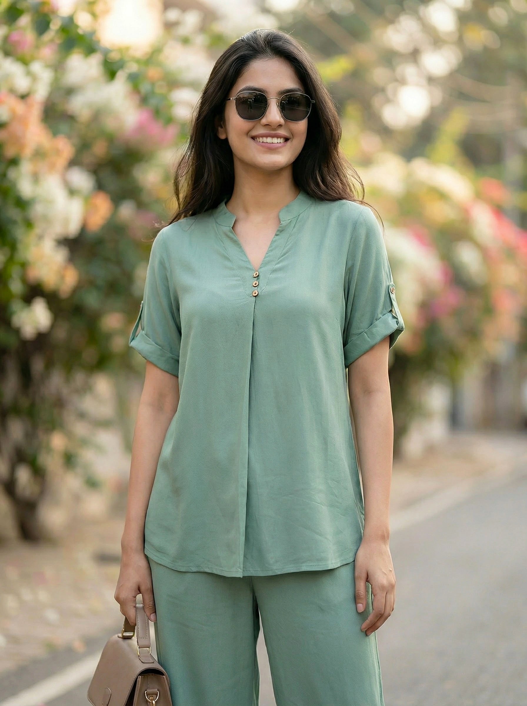 MINT GREEN RAYON SLUB BOX PLEAT KURTA PANT CO-ORD SET - KARCHOBI