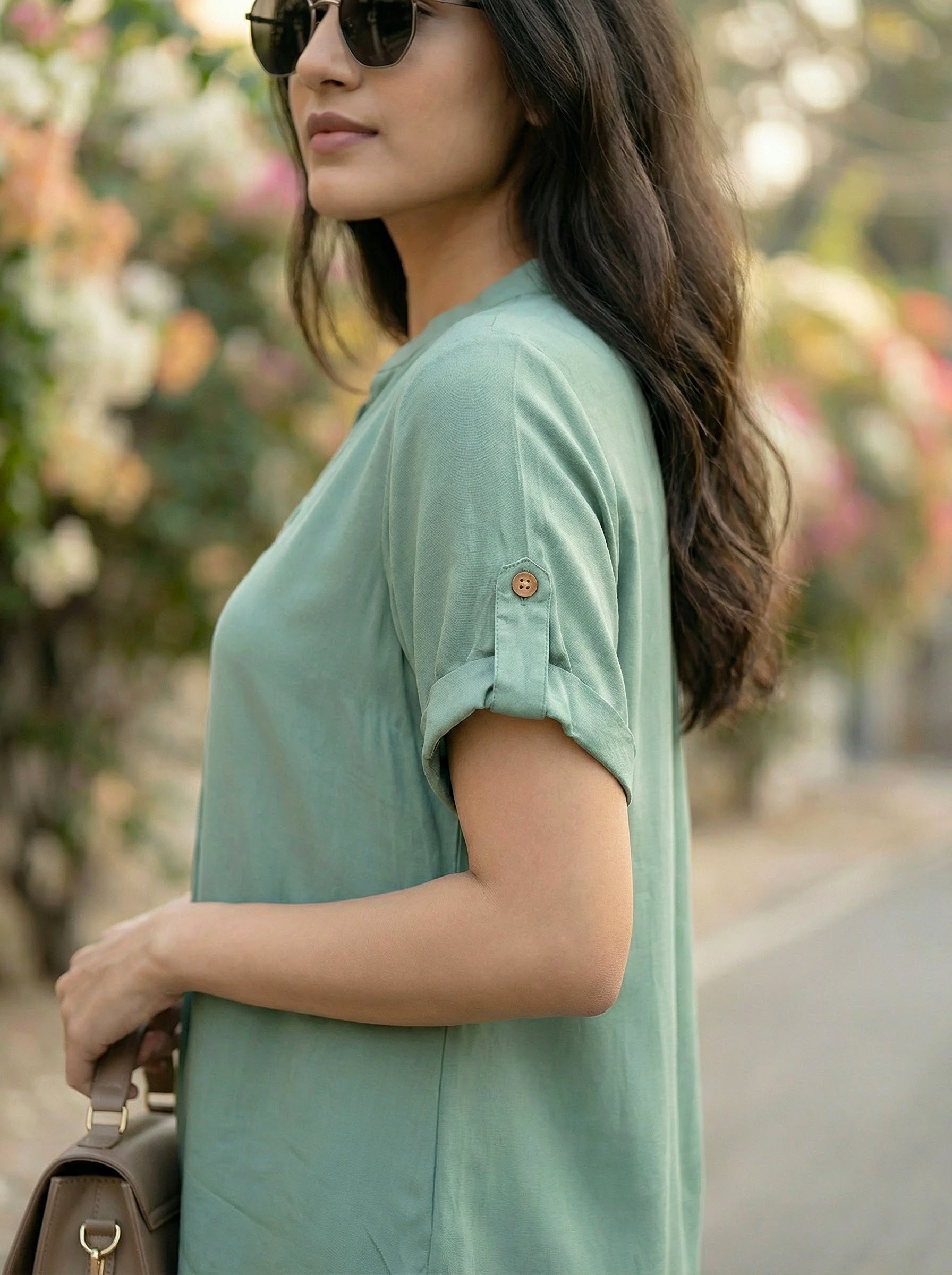 MINT GREEN RAYON SLUB BOX PLEAT KURTA PANT CO-ORD SET - KARCHOBI