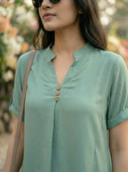 MINT GREEN RAYON SLUB BOX PLEAT KURTA PANT CO-ORD SET - KARCHOBI