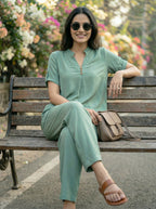 MINT GREEN RAYON SLUB BOX PLEAT KURTA PANT CO-ORD SET - KARCHOBI