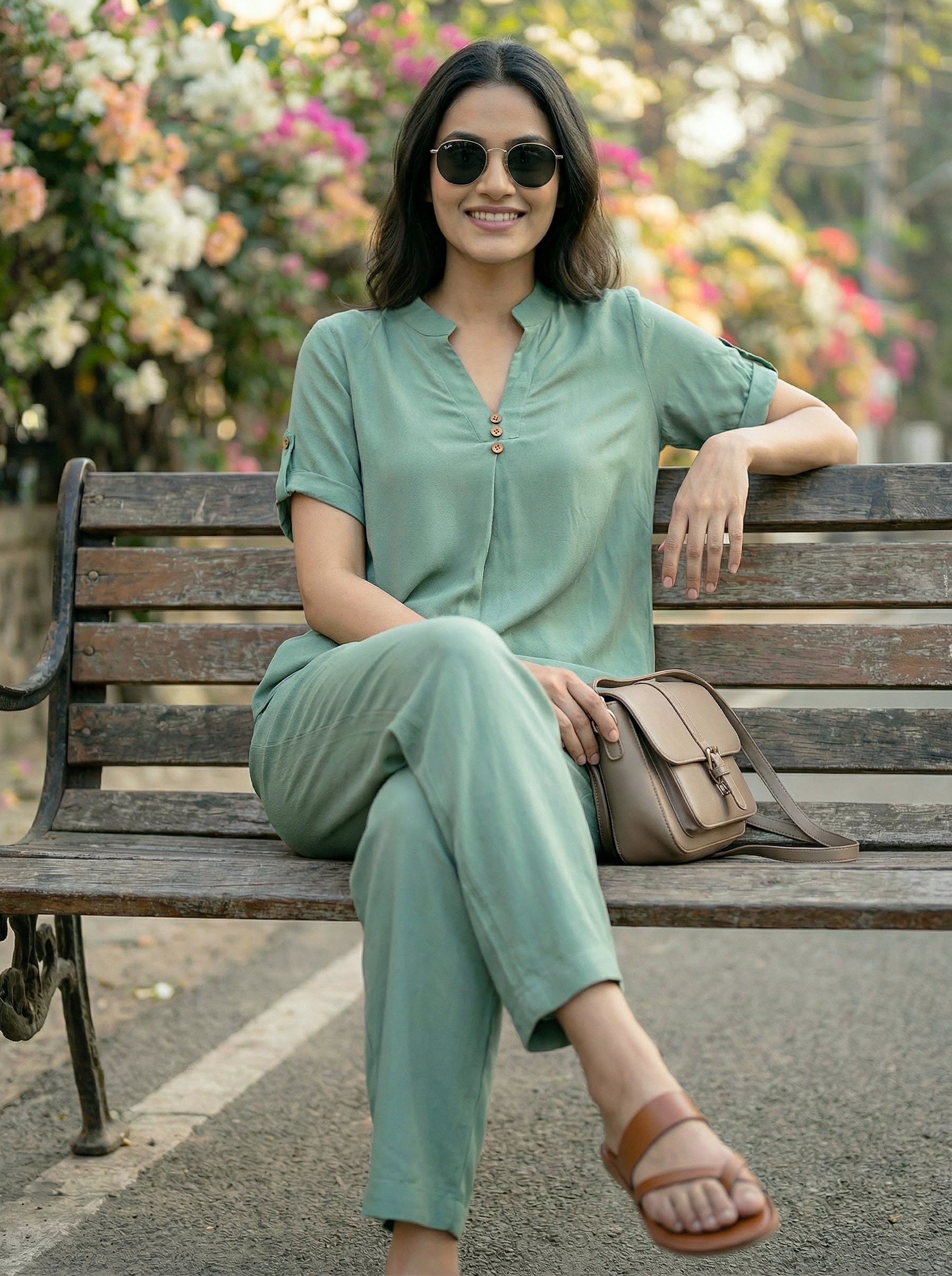 MINT GREEN RAYON SLUB BOX PLEAT KURTA PANT CO-ORD SET - KARCHOBI