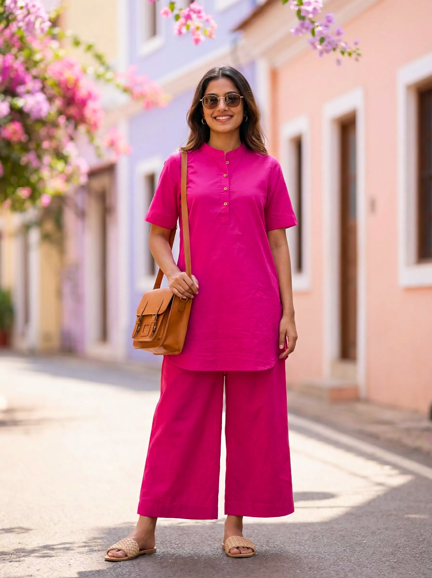 HOT PINK MANDARIN KURTA PANT CO-ORD SET - KARCHOBI