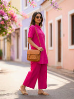 HOT PINK MANDARIN KURTA PANT CO-ORD SET - KARCHOBI