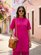 HOT PINK MANDARIN KURTA PANT CO-ORD SET - KARCHOBI