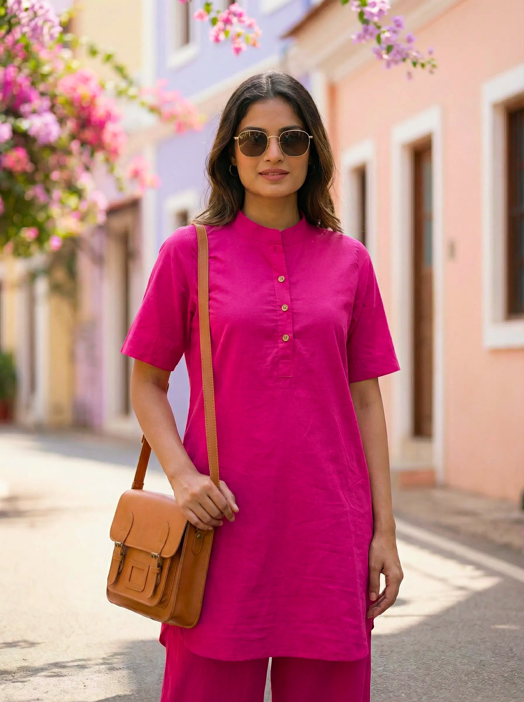 HOT PINK MANDARIN KURTA PANT CO-ORD SET - KARCHOBI