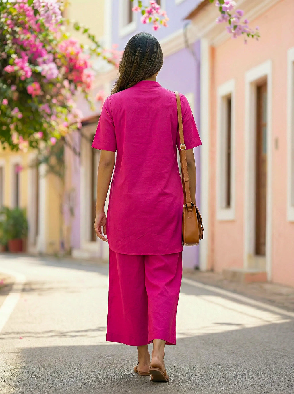 HOT PINK MANDARIN KURTA PANT CO-ORD SET - KARCHOBI