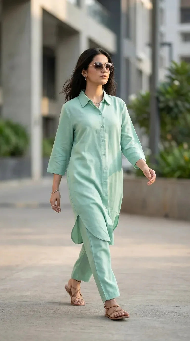 Woman in a mint green Karchobi long kurta co-ord set, walking outdoors in sunglasses