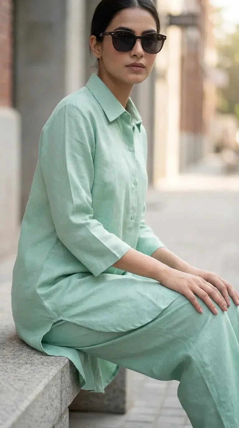 Woman in solid mint green long kurta co-ord set from Karchobi sitting outdoors