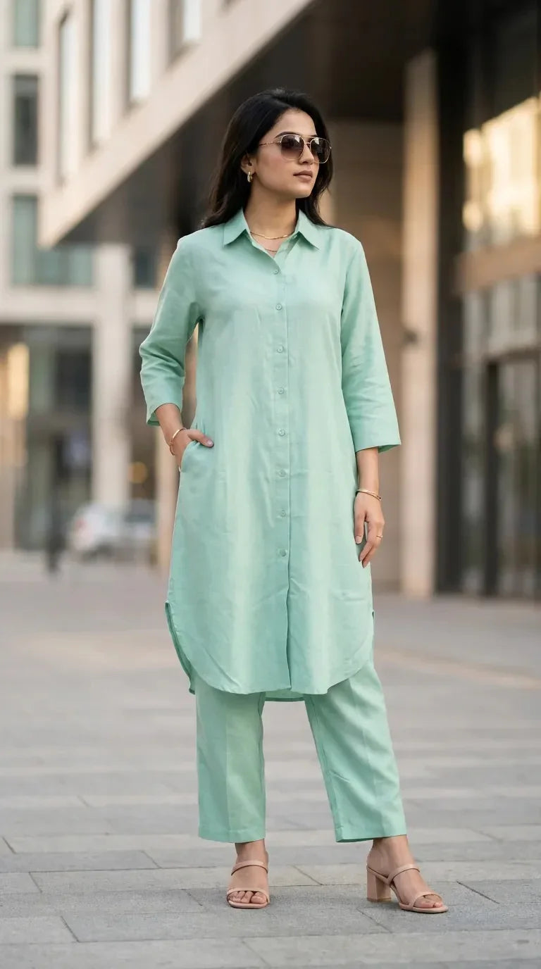 Woman wearing a solid mint green long kurta co-ord set from Karchobi, styled outdoors.