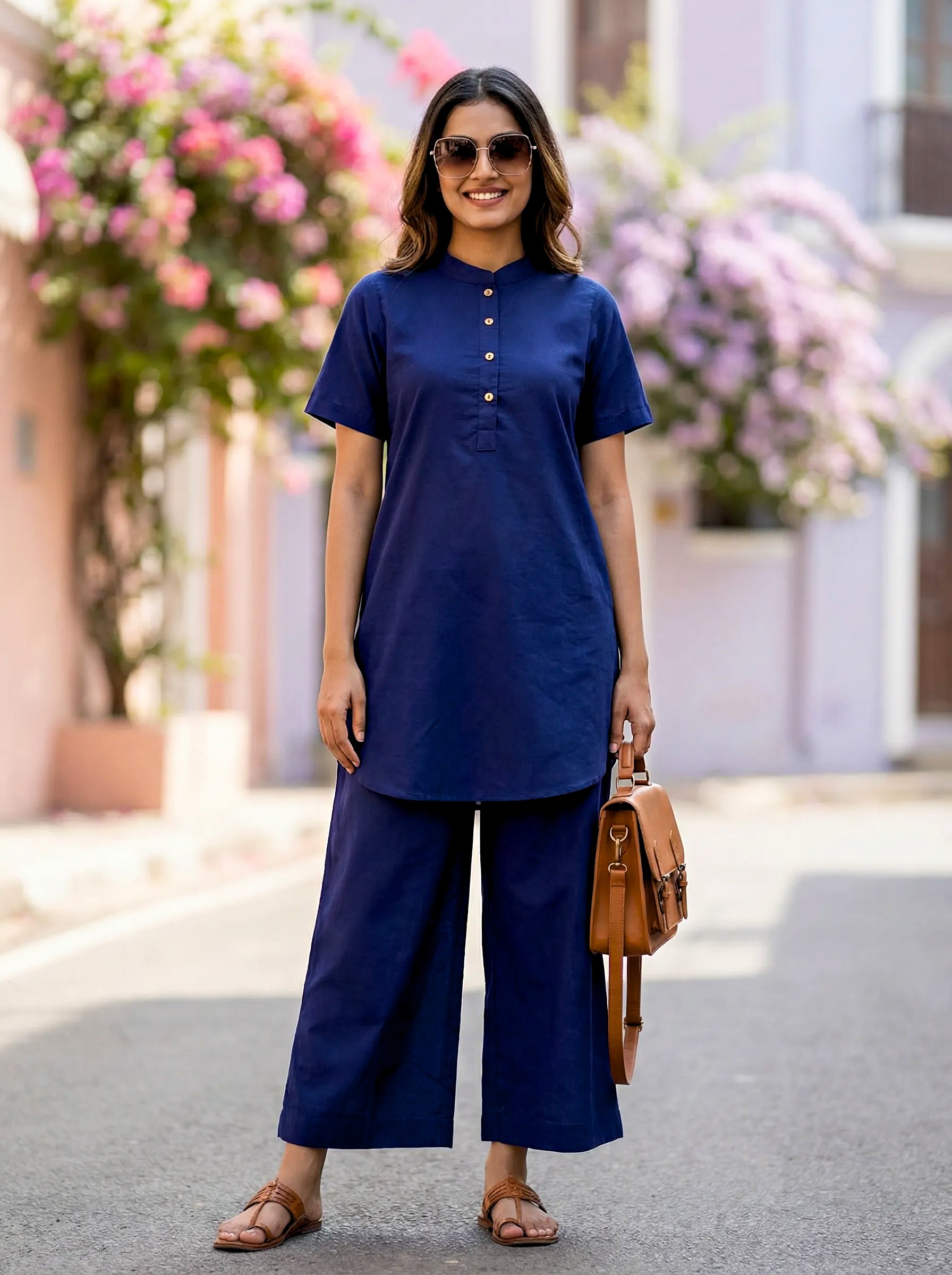 NAVY BLUE MANDARIN KURTA PANT CO-ORD SET - KARCHOBI