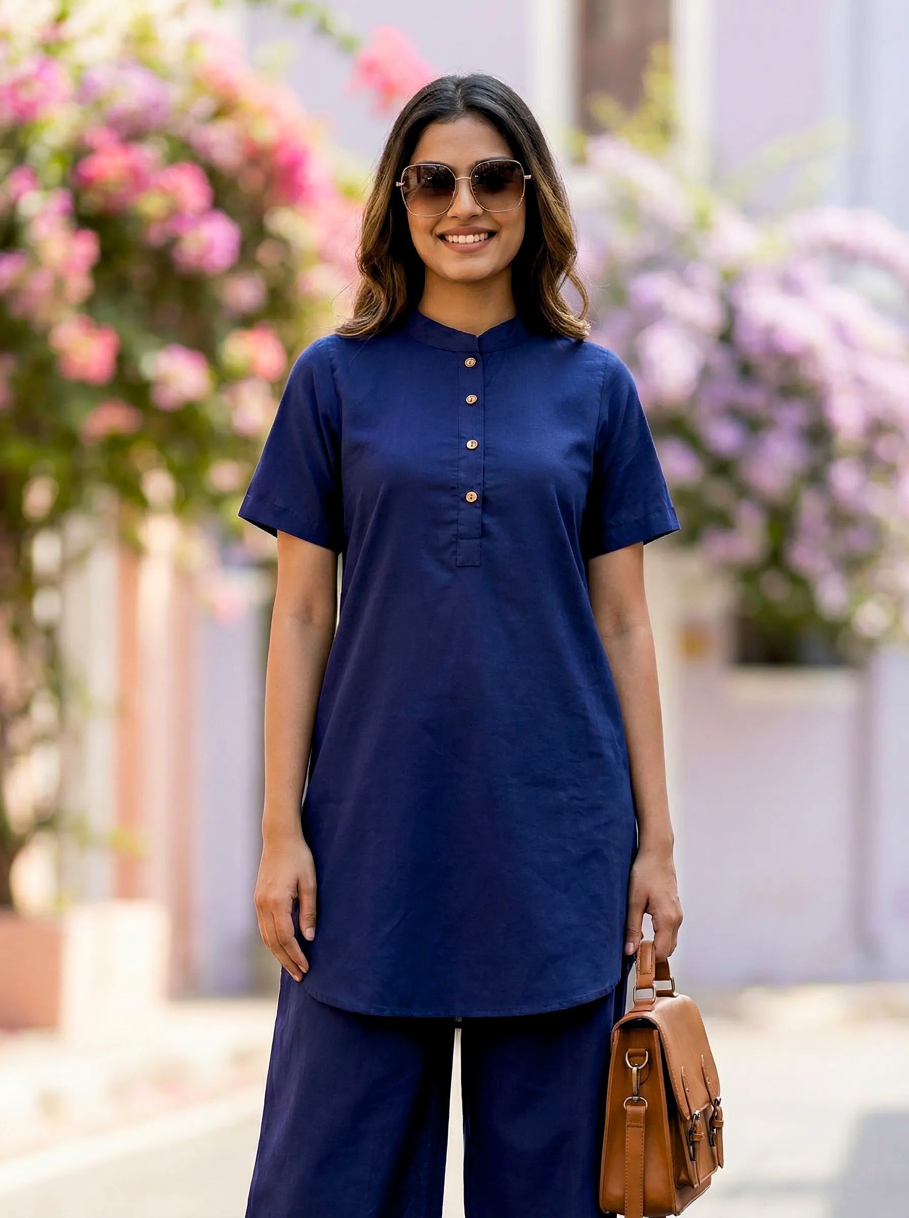 NAVY BLUE MANDARIN KURTA PANT CO-ORD SET - KARCHOBI