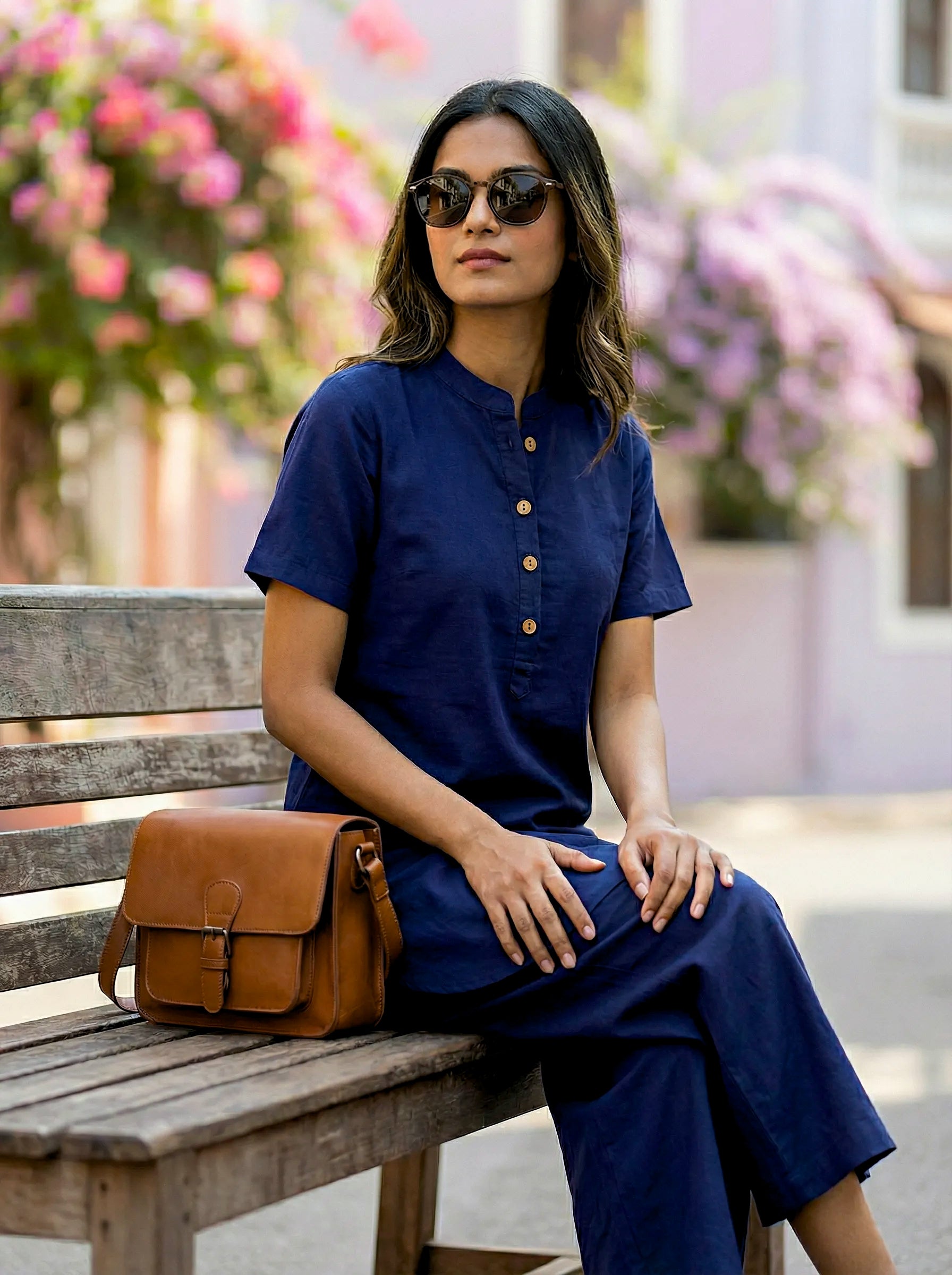 NAVY BLUE MANDARIN KURTA PANT CO-ORD SET - KARCHOBI