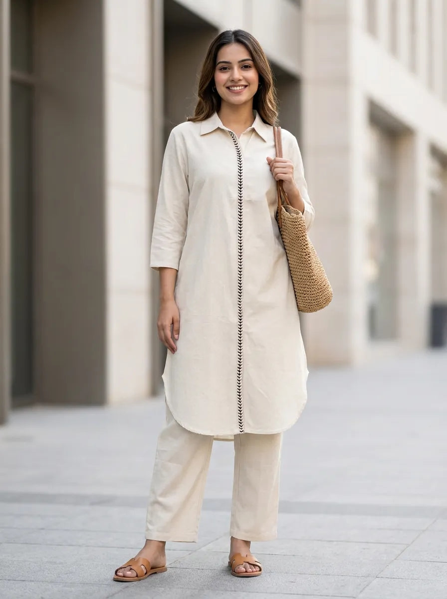 OFF-WHITE KURTA PANT CO-ORD SET - KARCHOBI