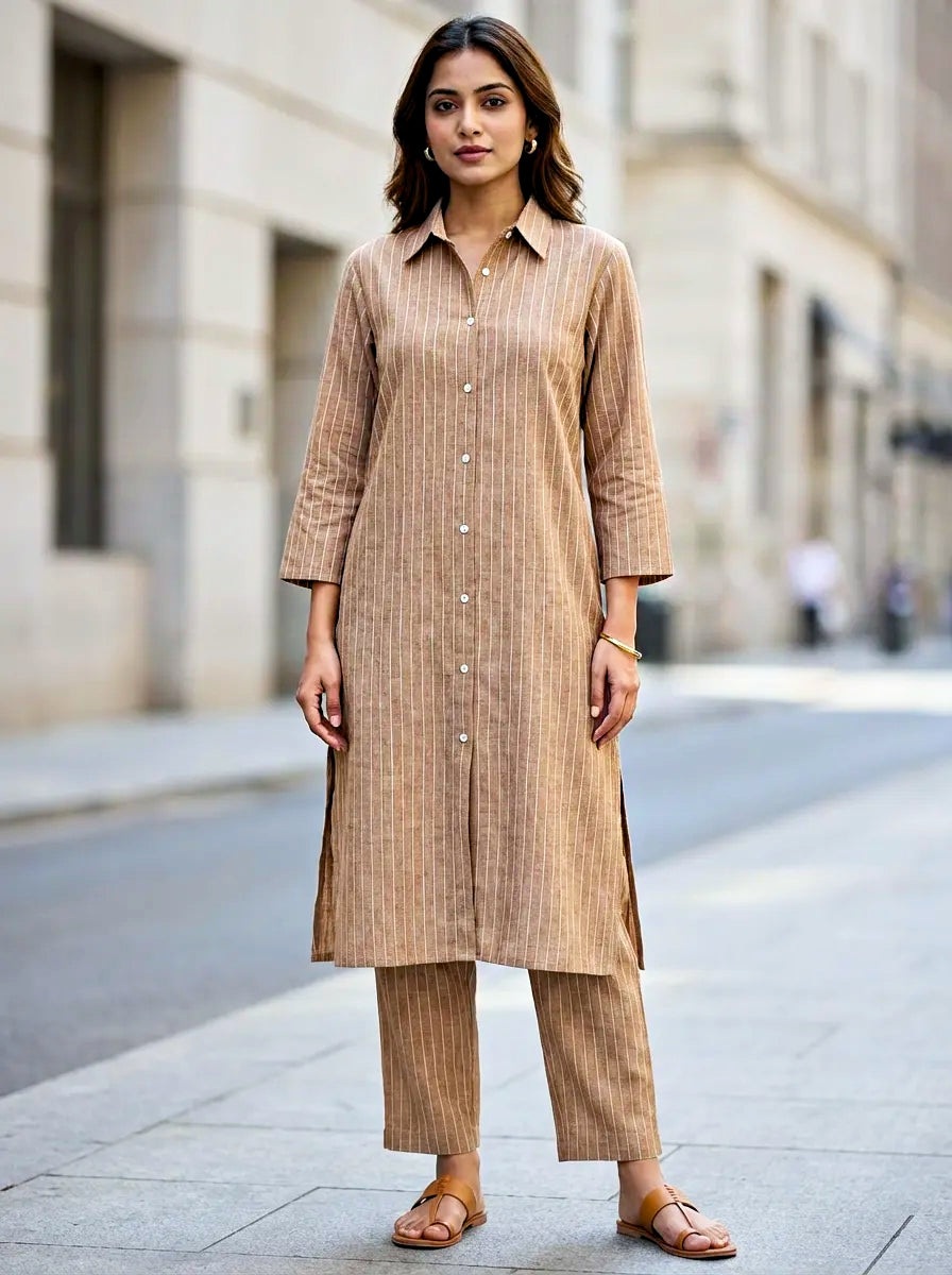 Woman wearing tan beige pin striped linen cotton kurta pant co-ord set for office wear