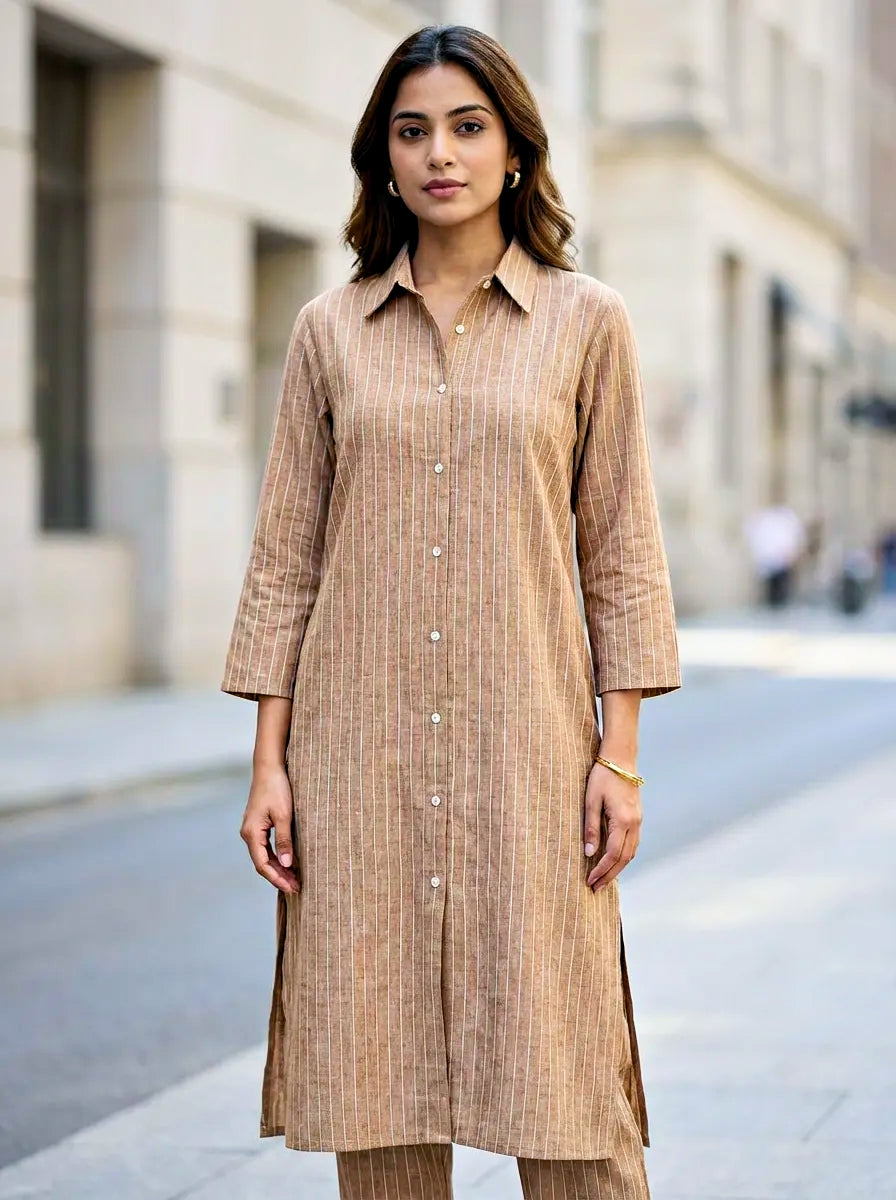 Beige pin striped kurta pant co-ord set women everyday workwear