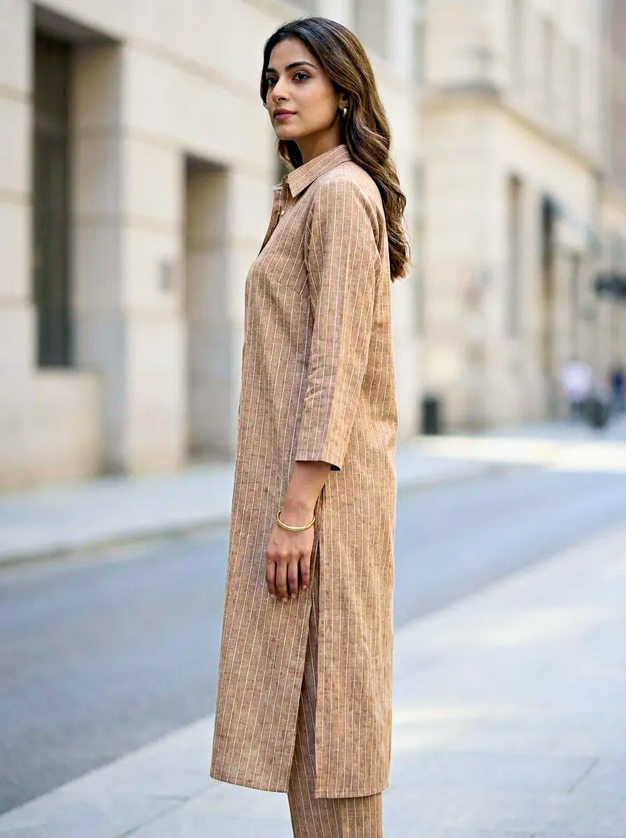 Straight fit tan beige pin striped kurta pant coord set for women
