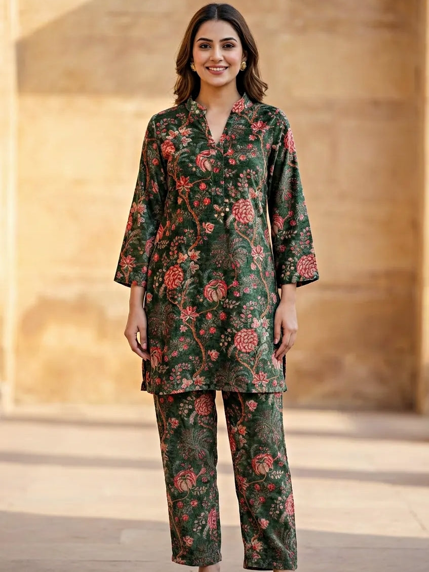 GREEN FLORAL VELVET CO-ORD SET - KARCHOBI