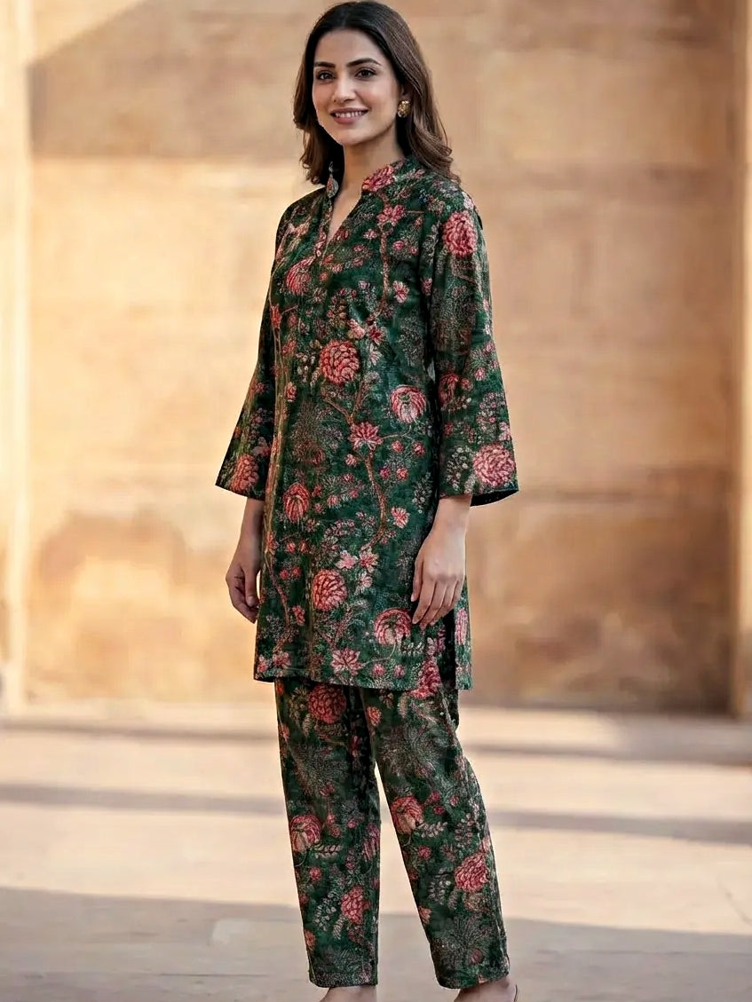 GREEN FLORAL VELVET CO-ORD SET - KARCHOBI