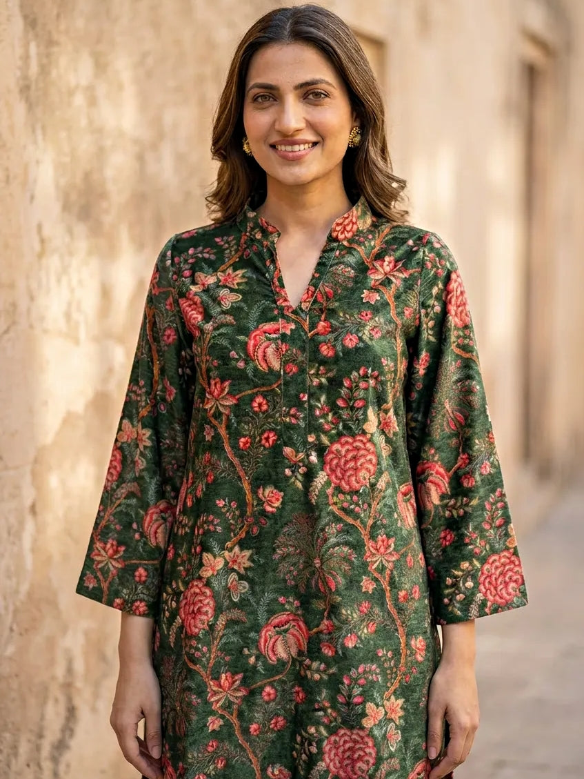 GREEN FLORAL VELVET CO-ORD SET - KARCHOBI