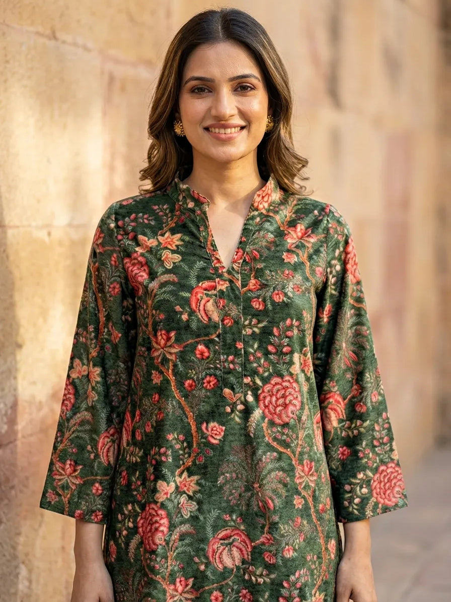 GREEN FLORAL VELVET CO-ORD SET - KARCHOBI
